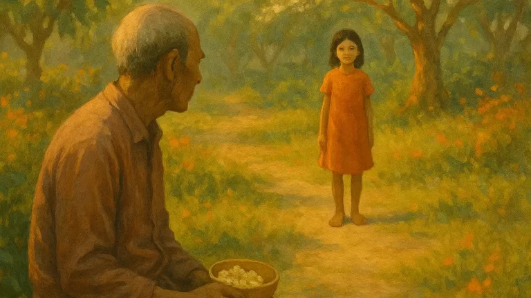 Elderly Thai man sitting on a bench in a sunlit garden, watching a young girl in an orange dress stand barefoot among blooming trees in this short story about healing and solitude.