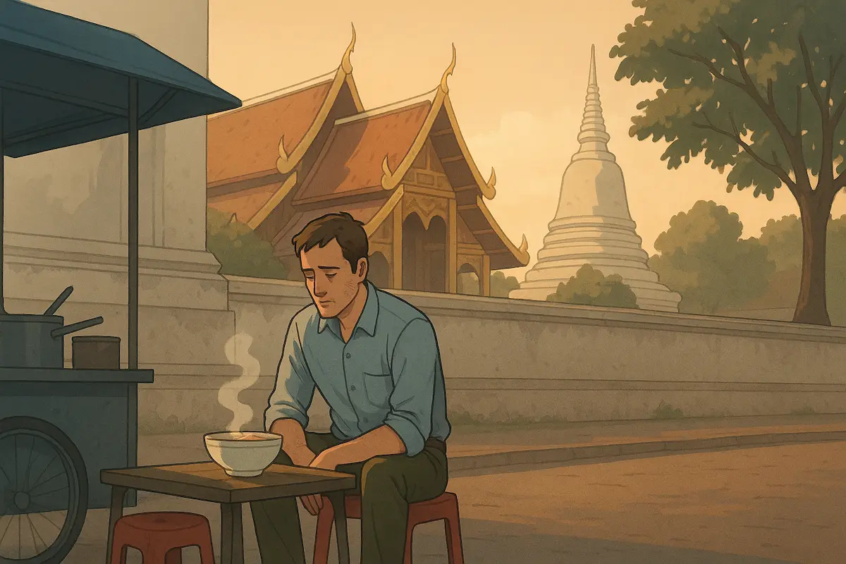 A man sitting alone at a noodle stall outside a temple in Chiang Mai – healing through Buddhism in Thailand.