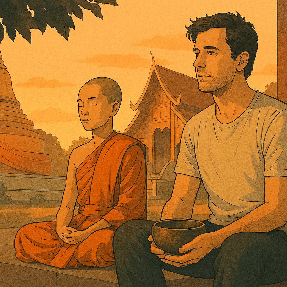 A foreign man and young Buddhist monk sitting together in peaceful reflection at a Chiang Mai temple – healing through Buddhism in Thailand.