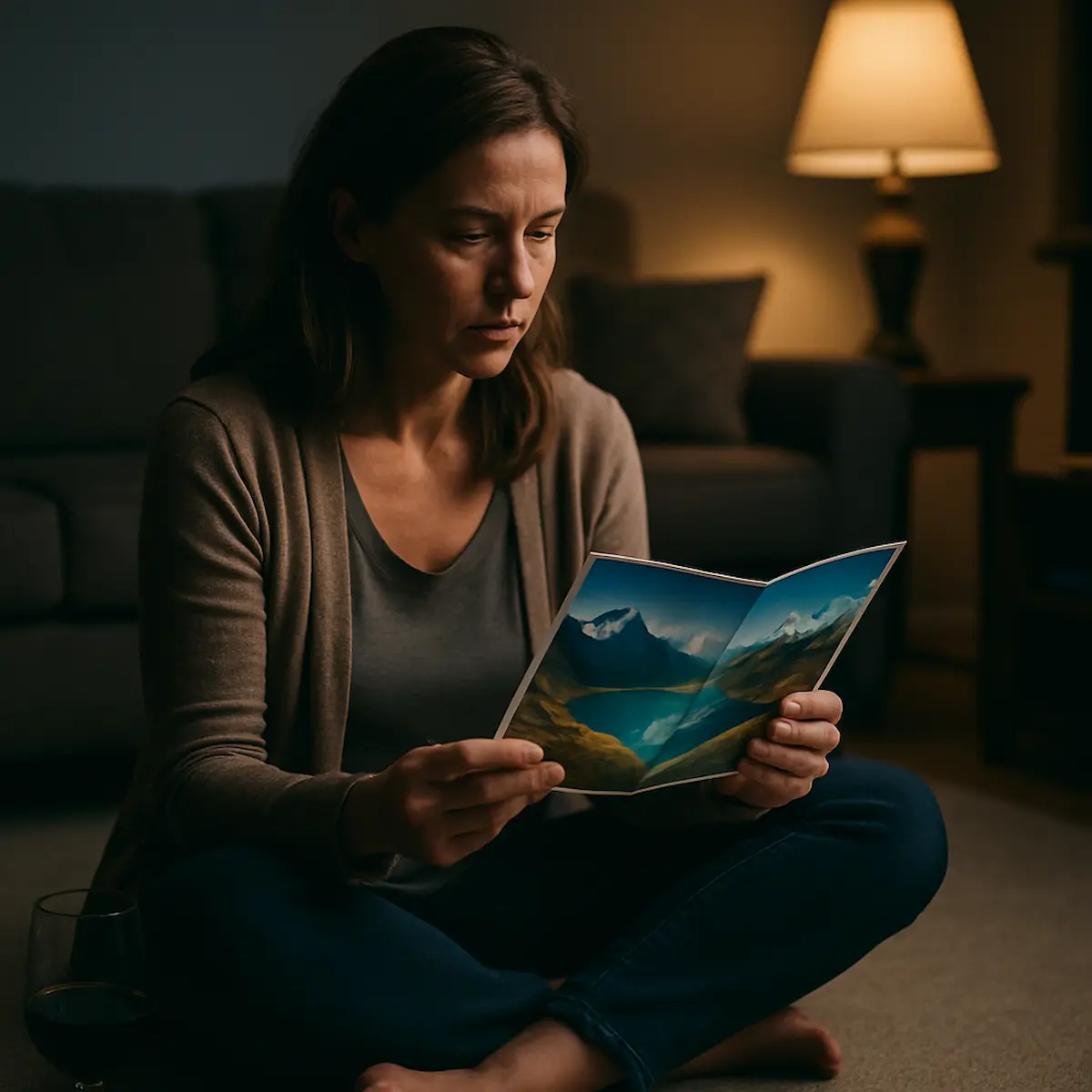 Woman sitting cross-legged on the floor, looking at an old photo album in a softly lit room in Series ! by Dave Hibbins