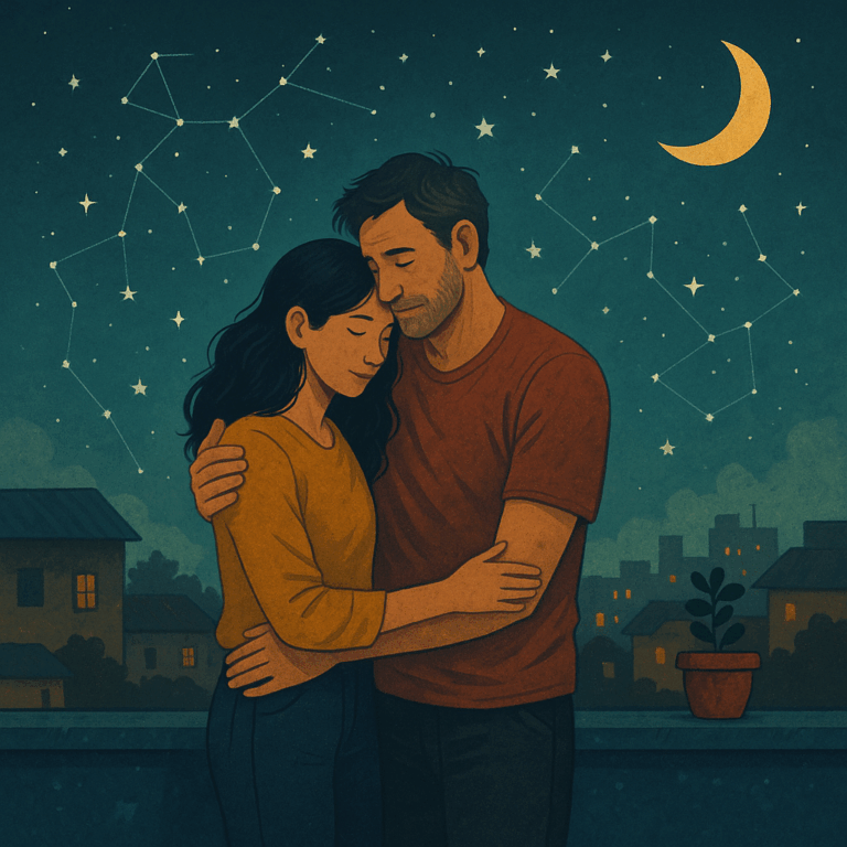 Illustration of a couple embracing quietly under a banyan tree, with soft evening light and a faded motorbike shop in the background — symbolizing a quiet, hidden love story set in Thailand.