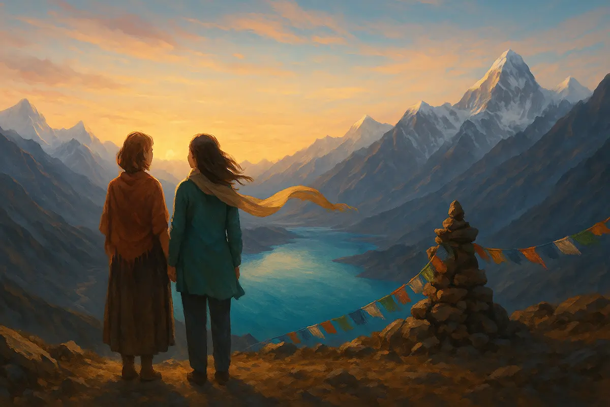 Digital painting of two women standing on a Himalayan mountain ridge at sunrise, overlooking the turquoise Gokyo Lakes with prayer flags and snow-capped peaks in the background. Inspired by the Andrea Series – Chapter 2.