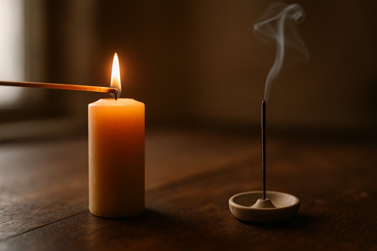 Close-up of a beeswax church candle being lit beside a smoking stick of Buddhist incense on a wooden table, warm natural light, shallow depth of field.