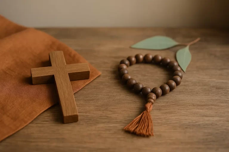 Wooden Christian cross next to a circle of dark mala prayer beads with tassel on a wooden table, softly lit.