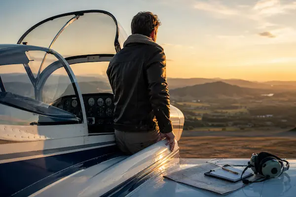 About David Hibbins beside a light aircraft at sunset, reflecting a lifelong passion for aviation, adventure, exploration, and the real-world experiences that inspire his writing.