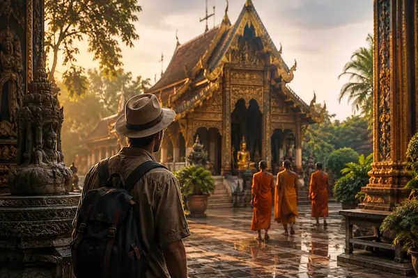 About David Hibbins exploring a traditional Thai temple as Buddhist monks walk toward the ubosot, reflecting the travel, exploration and Southeast Asia experiences that inspire his writing.