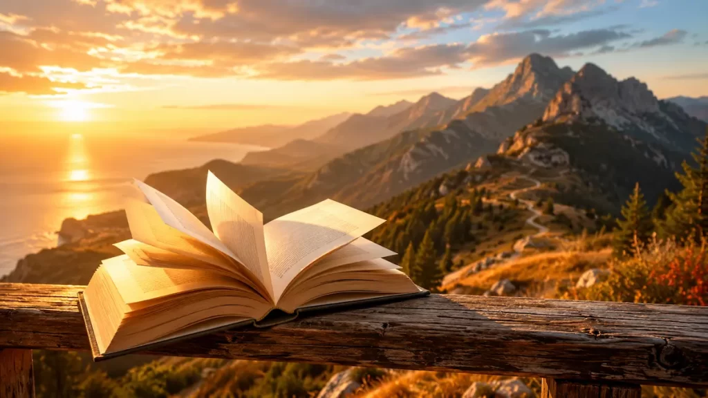 David Hibbins Books represented by an open novel overlooking a dramatic mountain landscape at golden hour, symbolising storytelling, adventure and exploration.