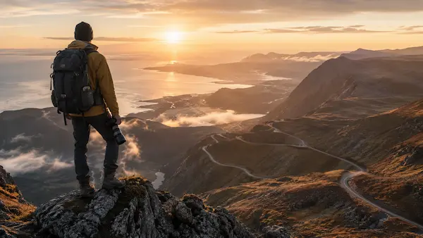 Traveller overlooking a dramatic mountain landscape at sunrise, representing the action and adventure stories written by David Hibbins Author.