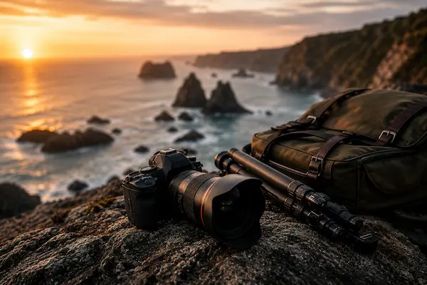 Photography equipment overlooking a dramatic coastal landscape at sunset, representing the photography books and visual storytelling of David Hibbins Author.