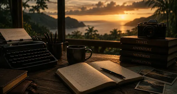 Short Stories by David Hibbins inspired by travel, adventure, and creative writing overlooking a tropical coastline at sunset.