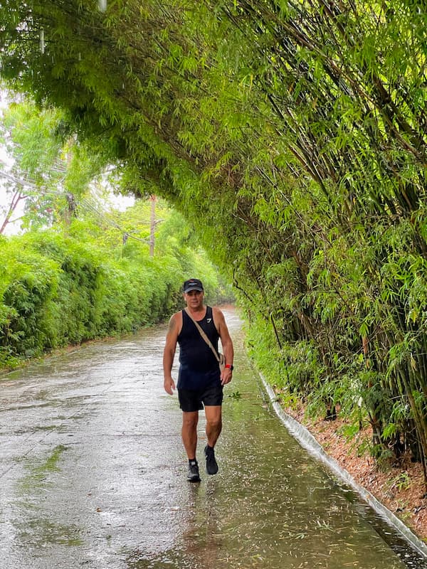 David Hibbins walking along a wet road in Thailand surrounded by dense green bamboo and tropical vegetation.